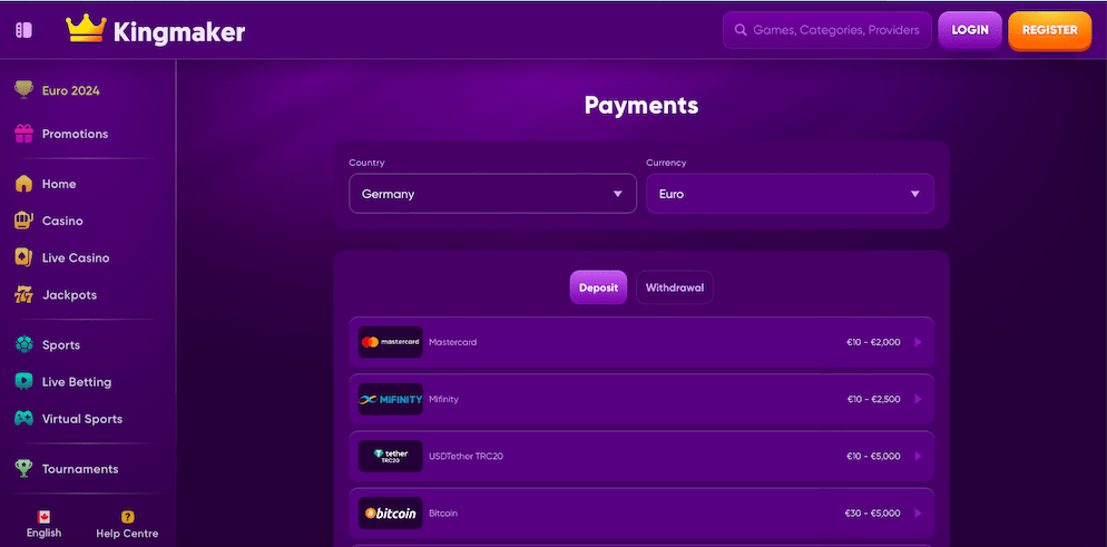 Kingmaker-Casino-Payment-Methods