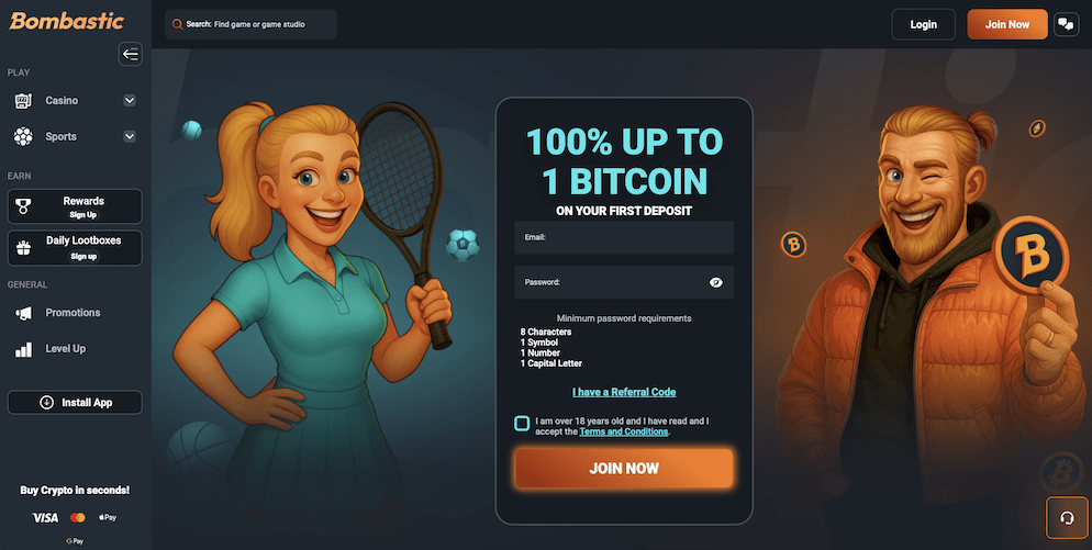 Illustrated characters (tennis player, crypto enthusiast) framing the 100% up to 1 BTC welcome bonus sign-up form.