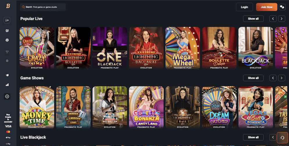 Live casino lobby showing various Evolution and Pragmatic Play games, including Lightning Roulette and Crazy Time.