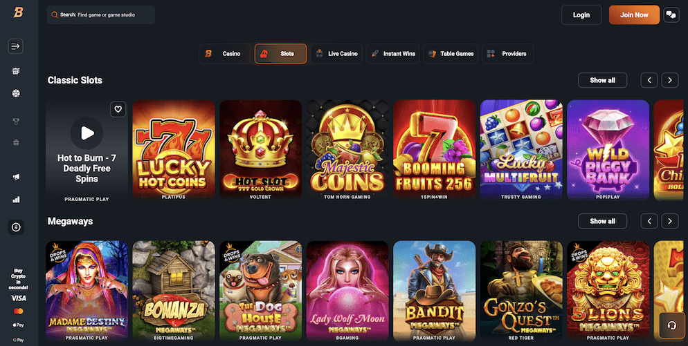 Screenshot of the Bombastic slots lobby displaying titles like Bonanza, The Dog House, and Madame Destiny.