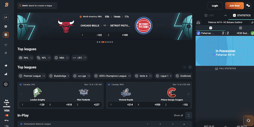 Screenshot of the Bombastic Sportsbook interface showing basketball (Chicago Bulls) and hockey betting markets.