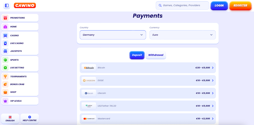 Cawino-Casino-Payments