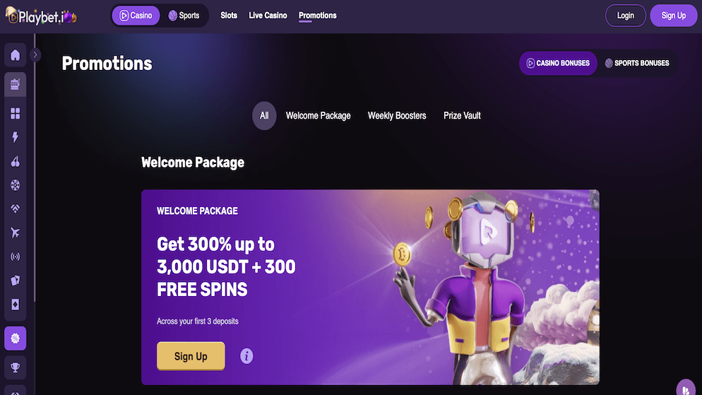 Playbet.io Casino welcome bonus of up to 300%