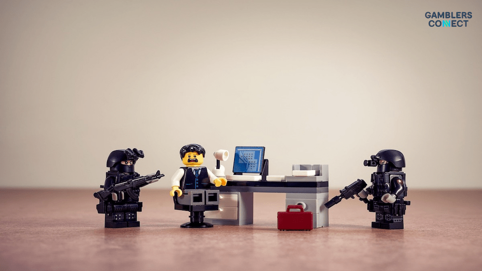 A Lego diorama of a police raid, representing the anti-corruption probe into alleged collusion between Codere, a consulting firm, and Spain's former finance ministry.