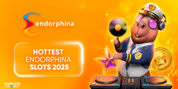 A promotional banner for the hottest Endorphina slots of 2025, featuring the Endorphina logo and the DJ character from the Fortune Capybara slot.