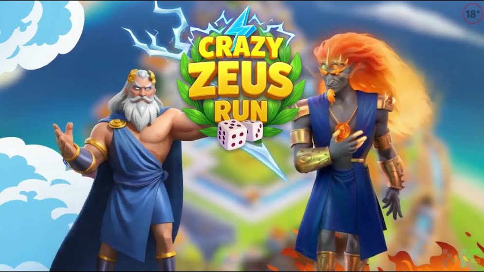Official game art for Crazy Zeus Run by Megafair, featuring the divine showdown between Zeus and Hades. This image represents the theme of the innovative RNG board game with dice-rolling mechanics.