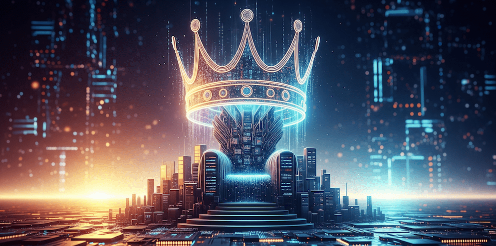 A glowing digital crown hovers over a throne in a futuristic cityscape, representing xQc's reign as the king of streaming following his record-breaking $100 million deal with Kick.