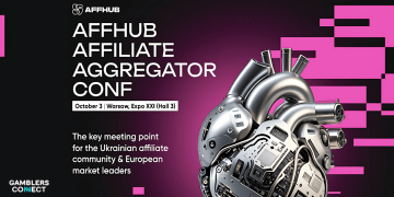 Promotional banner for AFFHUB Affiliate Aggregator Conf 2025 in Warsaw on October 3rd, featuring the event name, date, location (Expo XXI Hall 3), and tagline: "The key meeting point for the Ukrainian affiliate community & European market leaders," alongside a stylized robotic heart graphic.