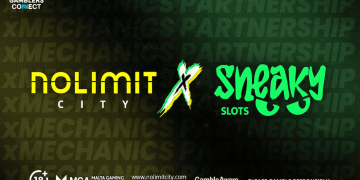 Promotional graphic announcing the partnership between Nolimit City and Sneaky Slots, showcasing the Nolimit City logo in yellow and the Sneaky Slots logo in bright green, connected by a stylized 'X'. The text "XMECHANICS PARTNERSHIP" is repeated in the background.