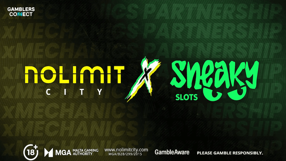 Promotional graphic announcing the partnership between Nolimit City and Sneaky Slots, showcasing the Nolimit City logo in yellow and the Sneaky Slots logo in bright green, connected by a stylized 'X'. The text "XMECHANICS PARTNERSHIP" is repeated in the background.