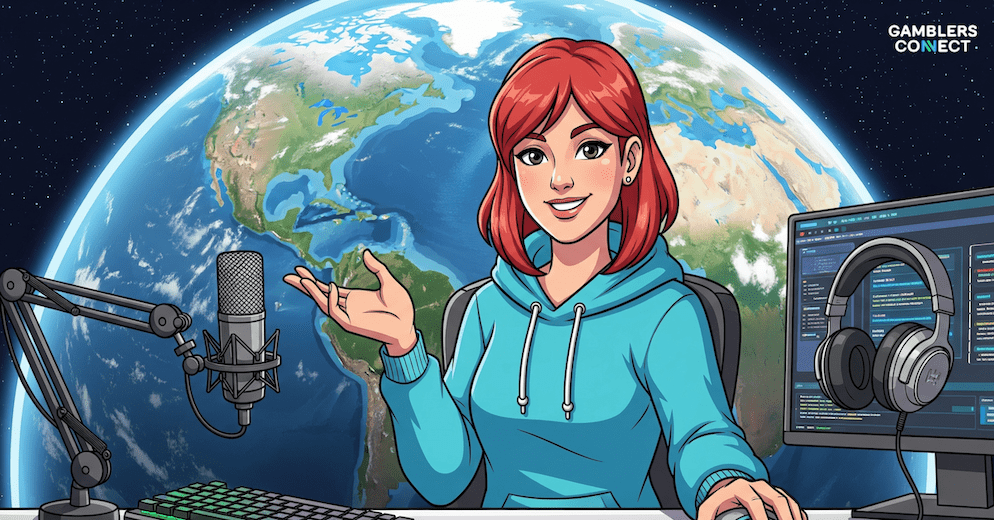 A vibrant cartoon image of a female streamer with red hair, wearing a headset and gesturing, with streaming equipment like a microphone, keyboard, and monitor visible. The Earth is featured prominently in the background, symbolizing her widespread online presence.