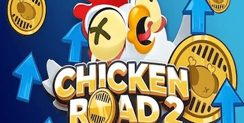 The official cover image for the Chicken Road 2.0 game review, featuring the game's logo, the main chicken character, gold coins, and upward arrows that symbolize the game's progressive crash mechanic and potential rewards.