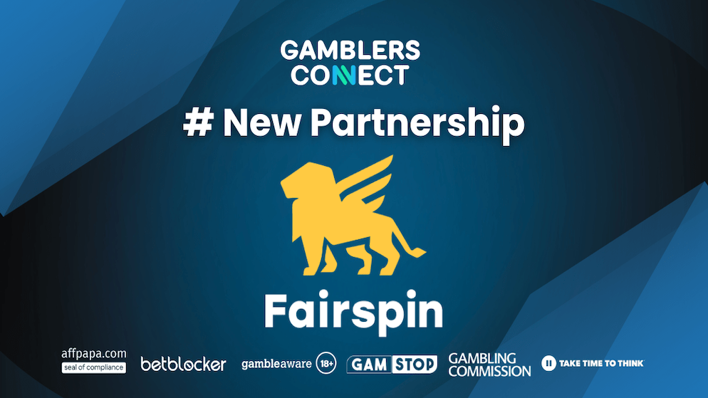 The official announcement graphic for the partnership between Gamblers Connect and Fairspin Casino, featuring both brand logos and the hashtag "# New Partnership," highlighting their shared commitment to a transparent online gambling experience.