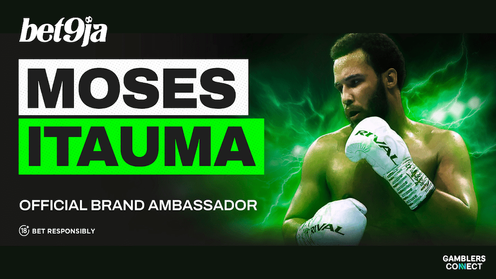 The official brand ambassador graphic for boxer Moses Itauma's partnership with Bet9ja, showing the boxer ready to fight, alongside the company's logo and his name in bold lettering.
