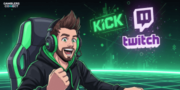 A cartoon drawing of the streamer n3on reacting excitedly while wearing headphones, with the Kick logo prominently displayed and the Twitch logo also visible in the digital background, representing his potential presence or discussion of both platforms.