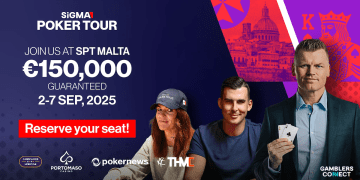 Promotional image for the SiGMA World Poker Tour Malta poker event, featuring players and announcing €150,000 guaranteed prize pool from September 2-7, 2025, at Portomaso Casino in Malta.