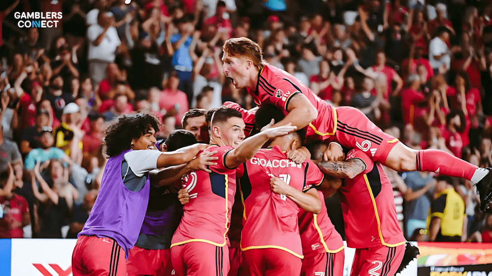 An action shot of St Louis City SC players celebrating, highlighting the local sports team that has partnered with FanDuel to facilitate the operator's entry into the Missouri market.