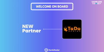 An announcement graphic with "WELCOME ON BOARD" at the top and "NEW Partner" on the left, pointing to the black TaDa Gaming logo against a gradient blue background. The RankRadar logo is at the bottom.