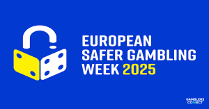 Blue and yellow logo for "European Safer Gambling Week 2025" featuring a dice-shaped padlock, symbolizing safety and control in gambling.