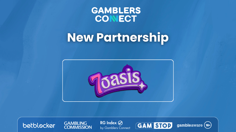 A blue announcement banner showing the logos of "Gamblers Connect" and "7Oasis Casino" with the text "New Partnership."