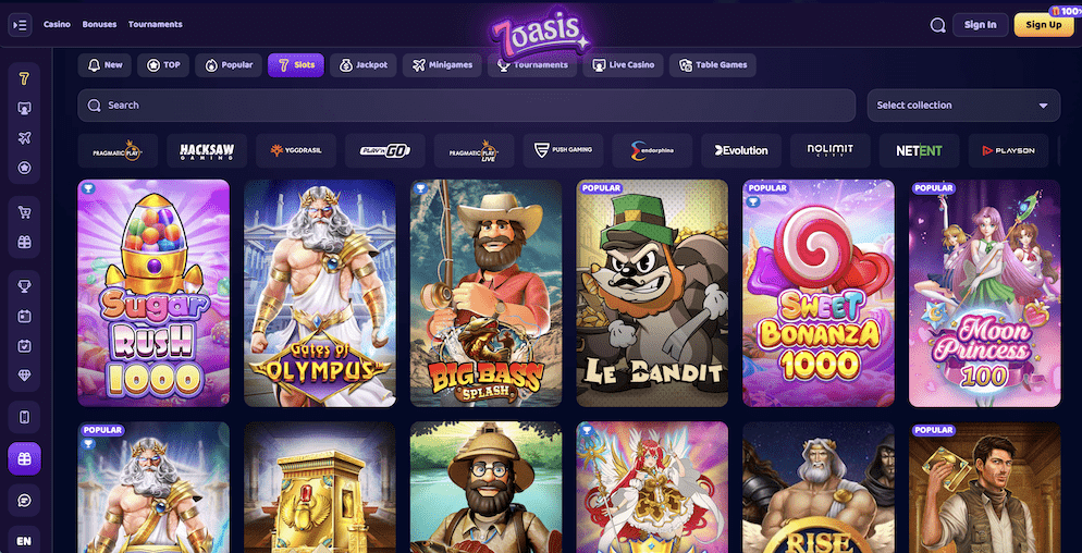 The "Top Games" section of the 7Oasis Casino lobby displaying popular slot titles like Gates of Olympus, Sugar Rush, and Big Bass Bonanza.