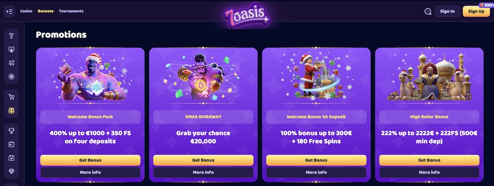 The promotions page displaying weekly recurring offers, including "Monday's AlibabaBonus," "Wednesday's Oriental Tale," and "Friday Spins From Genie" with genie-themed artwork.