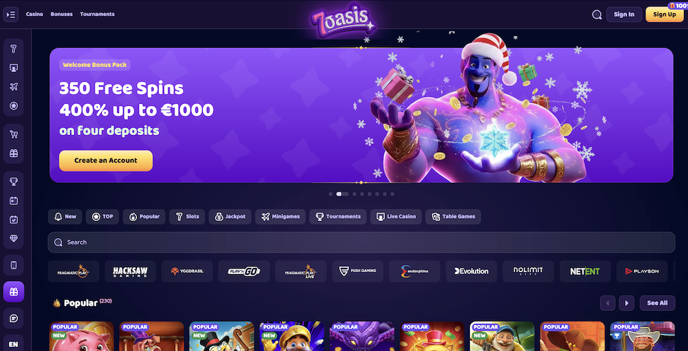 The homepage of 7Oasis Casino featuring a large banner advertising the 400% up to €1000 plus 350 Free Spins welcome bonus package.