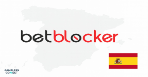 A digital graphic featuring the BetBlocker logo over a faint map of Spain, with the Spanish flag in the bottom right corner, symbolizing the new responsible gaming partnership.