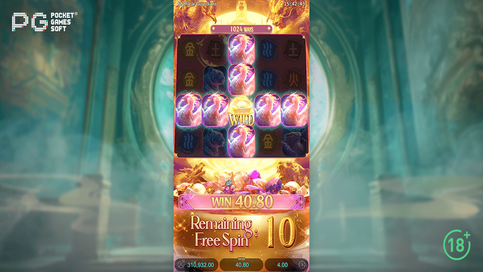 A gameplay screenshot of the 5 reel, 4 row Mythical Guardians slot interface, showing elemental symbols, the spin button, and the expanding framed symbol mechanic in action.