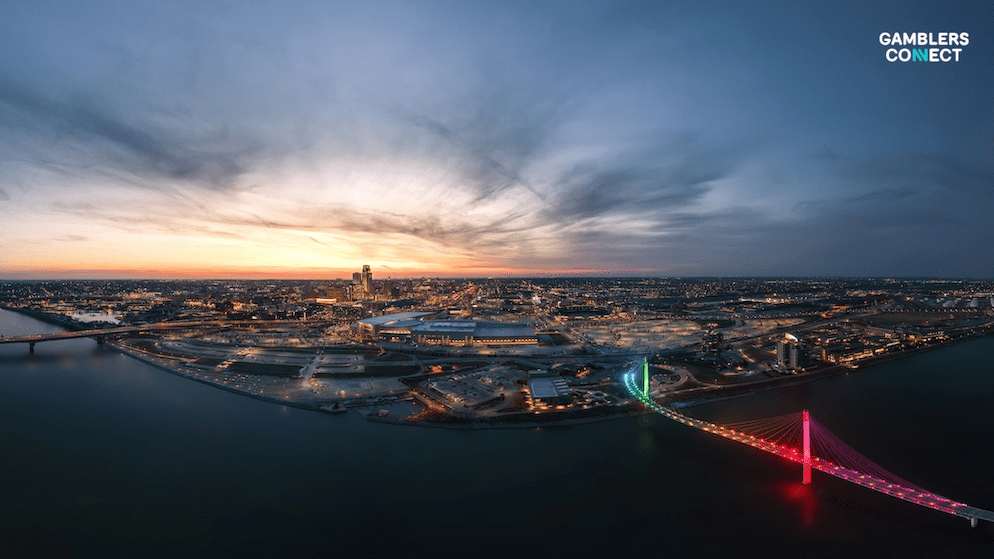 The illuminated Bob Kerrey Pedestrian Bridge at twilight symbolizing the new cross jurisdictional self exclusion protection available to Nebraska players