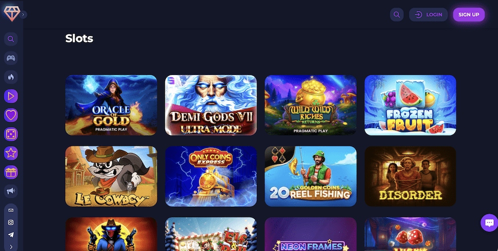 The slots lobby at Slotoroller Casino displaying popular titles like Oracle of Gold and Demi Gods VII against a dark, sleek background.