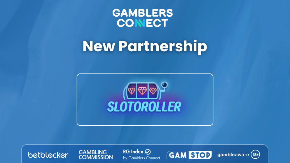 A blue announcement banner showing the logos of "Gamblers Connect" and "Slotoroller Casino" with the text "New Partnership."