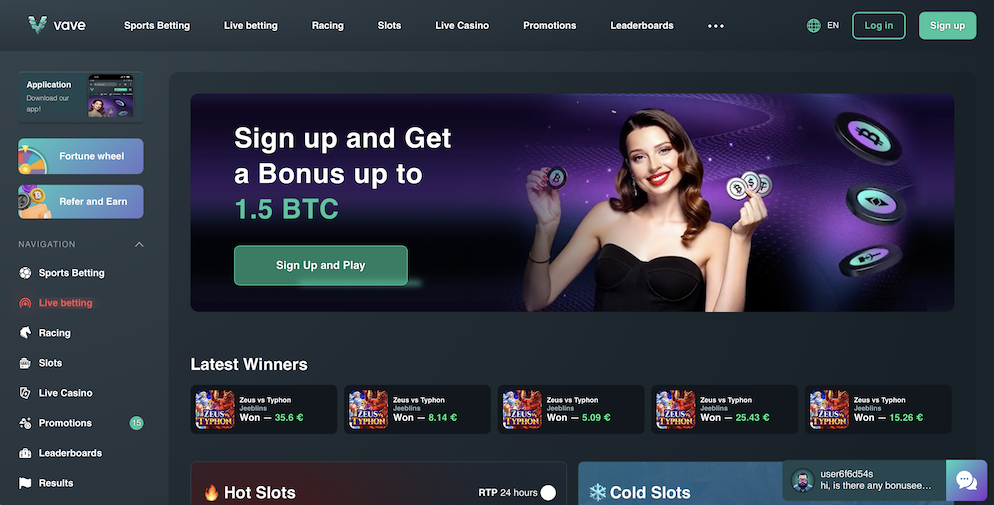Promotional banner for Vave Casino featuring a model holding crypto coins, highlighting a "Sign up and Get a Bonus up to 1.5 BTC" offer.