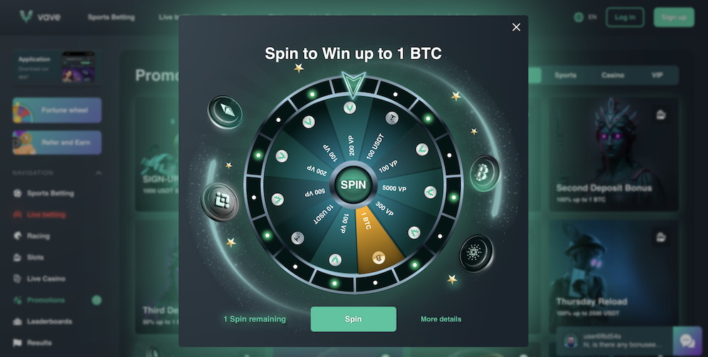 A pop-up of the Vave Wheel of Fortune showing prizes including up to 1 BTC, USDT cash, and Vave Points (VP).