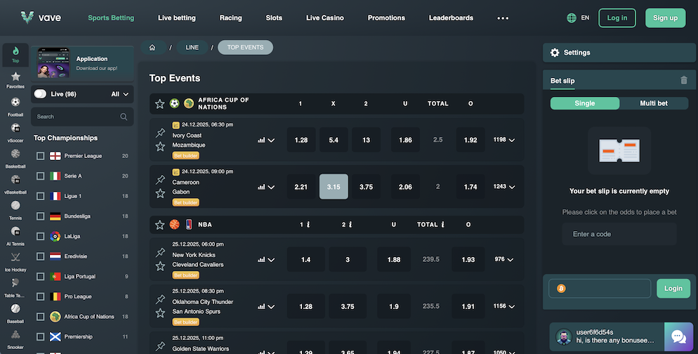 The Vave sports betting dashboard showing live odds for football matches like Ivory Coast vs. Mozambique and upcoming NBA games.