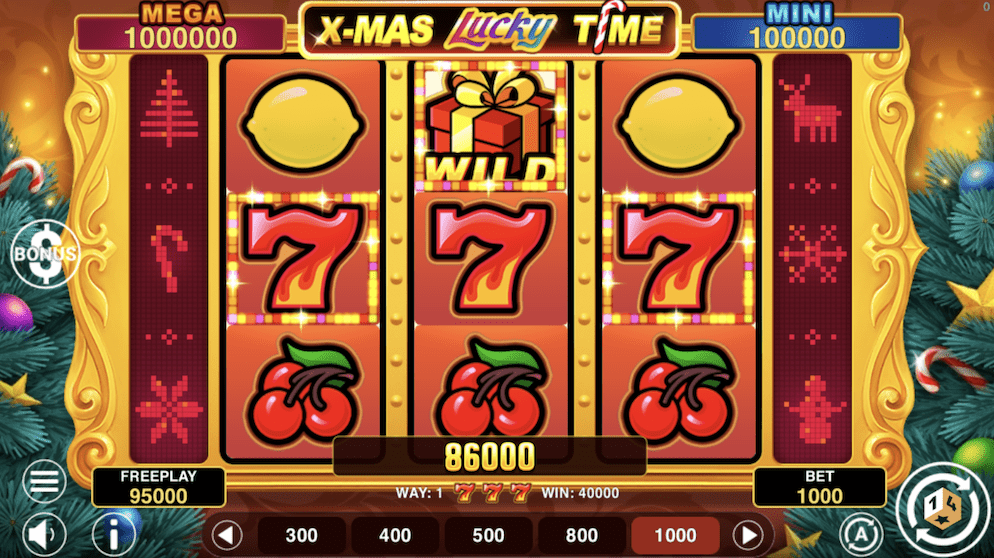 A winning spin on Xmas Lucky Time Hold and Win displaying a line of red 7s and lemons, highlighting the game's vibrant classic symbols.