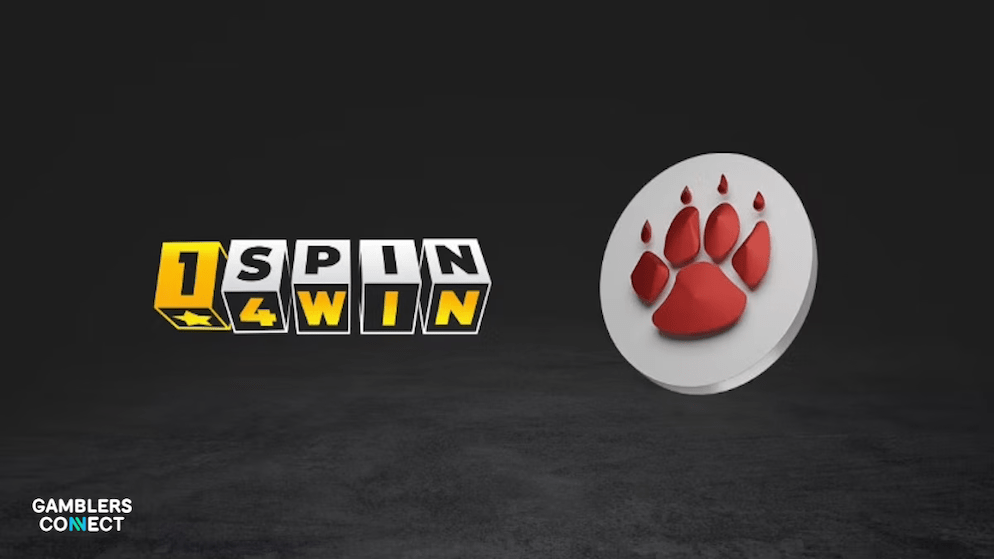 A 3D graphic of the 1spin4win brand logo alongside their signature bear-paw token, representing their classic-style slot games.