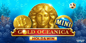 Promotional artwork for 1spin4win's Gold Oceanica Hold & Win online slot, featuring the sea goddess Oceanica, vibrant marine life like dolphins and seahorses, and the game's 243-way reel interface set against a shimmering underwater Golden Bay background