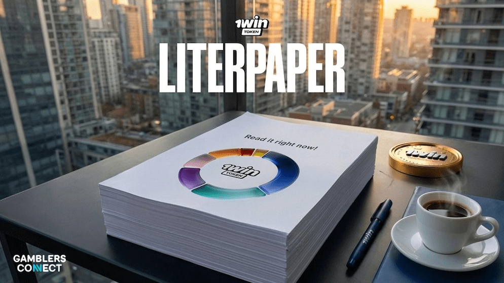 The 1win Token whitepaper displayed on a desk, detailing the project's deflationary model, including daily token burns and weekly cashback buybacks.