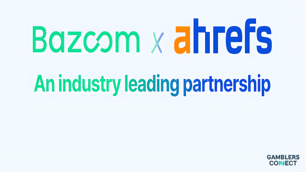 A minimalist digital graphic displaying the Bazoom and Ahrefs logos side-by-side with the text "An industry leading partnership."