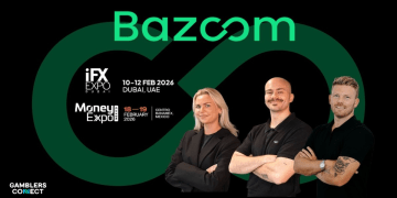 Antonio Juárez Fernández, Kristoffer Krog, and the Bazoom Group delegation promoting organic growth and SEO strategies at iFX EXPO Dubai and Money Expo LATAM.