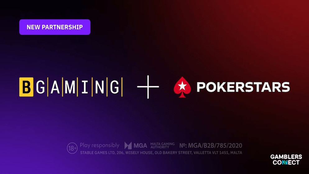 Official announcement graphic displaying the BGaming and PokerStars logos side-by-side on a purple and red gradient background, symbolizing the launch of BGaming's full game portfolio on the PokerStars platform.