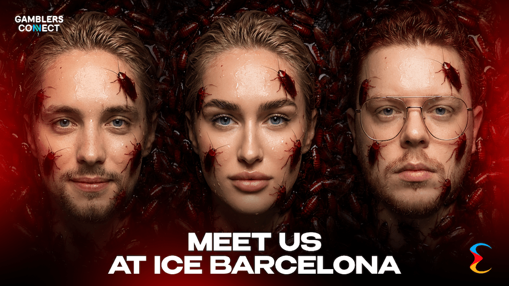 Promotional banner showing the Endorphina team members with animated cockroaches crawling on them as part of the creative marketing campaign.