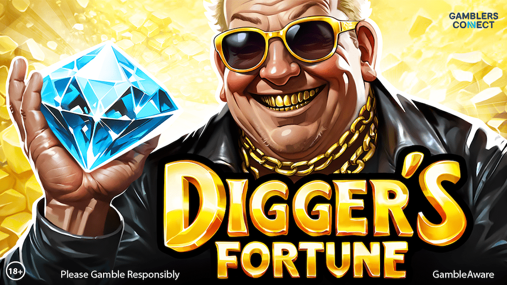 A promotional graphic for Digger's Fortune featuring the game logo in gold letters and the main character wearing gold sunglasses and chains.
