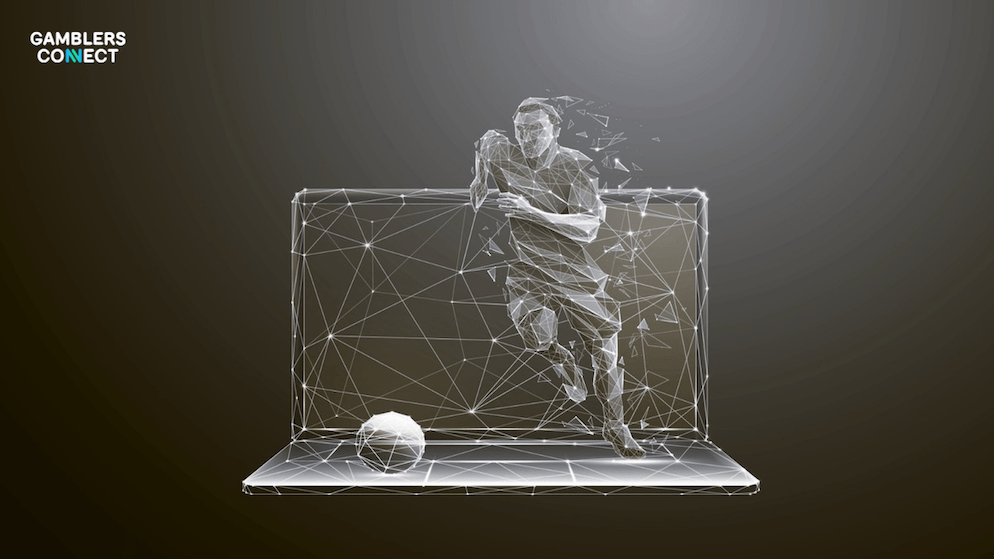 A wireframe figure of a soccer player running out of a laptop screen, symbolizing the integration of sports and technology.