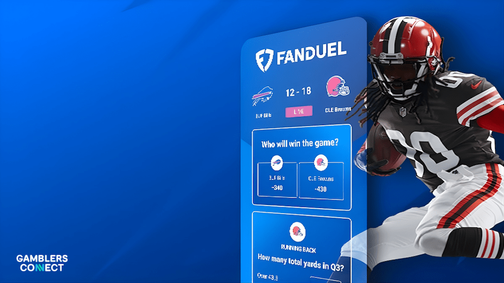 A close-up view of the FanDuel Sportsbook mobile application displaying live betting odds, set against a blue brand background.