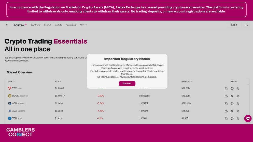 Screenshot of the Fastex dashboard highlighting the withdrawal-only status and the upcoming service termination date.