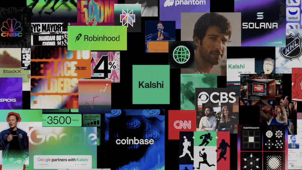 A collage of brand logos including Kalshi, CNBC, CNN, Robinhood, and Solana, representing the platform's vast integration network.