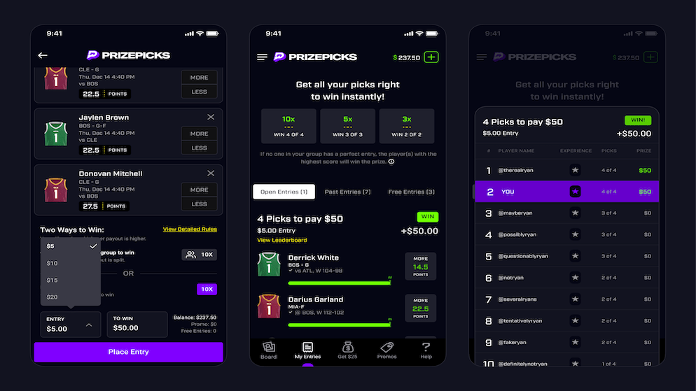 A step-by-step view of the PrizePicks entry process: selecting an entry fee, viewing a 4-pick Power Play on the "My Entries" tab, and a final "WIN!" screen showing a $50 payout.