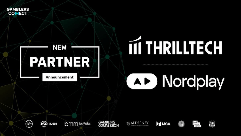 The corporate logos of ThrillTech and Nordplay Group alongside regulatory seals (MGA, UKGC), illustrating the compliant, opt-in jackpot technology being rolled out to Nordic players.